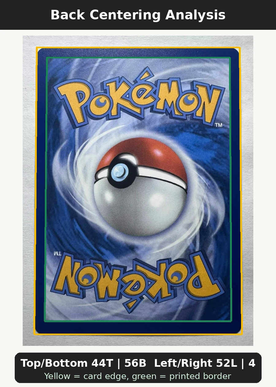 Charizard 004 30th Classic Collection back centering analysis showing Top/Bottom 44T | 56B and Left/Right 52L | 48R.