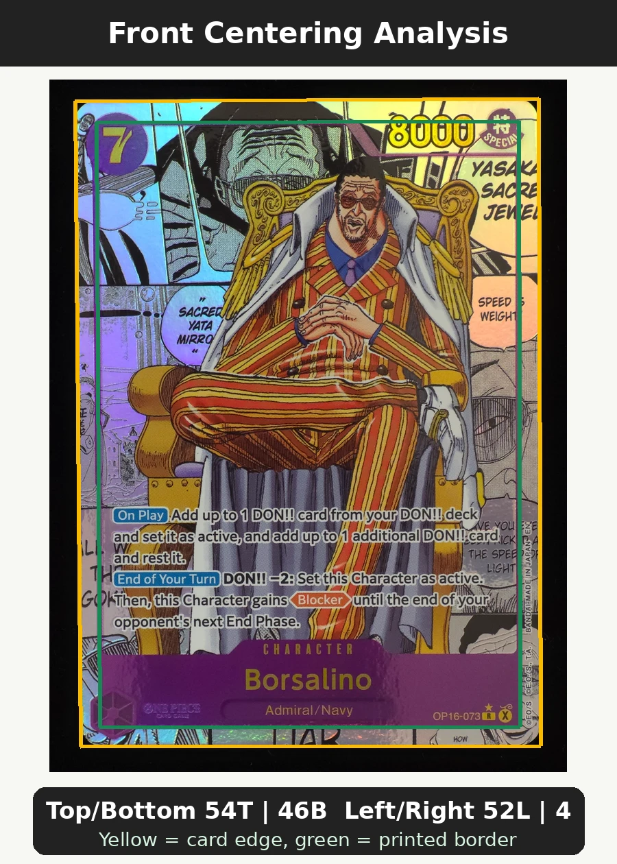 Borsalino OP16-073 The Time of Battle front centering analysis showing Top/Bottom 54T | 46B and Left/Right 52L | 48R.