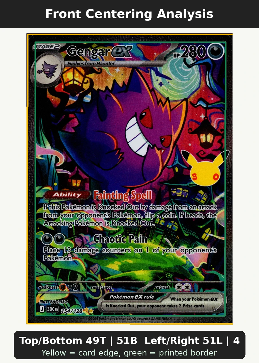 Gengar ex 154/128 30th Celebration front centering analysis showing Top/Bottom 49T | 51B and Left/Right 51L | 49R.