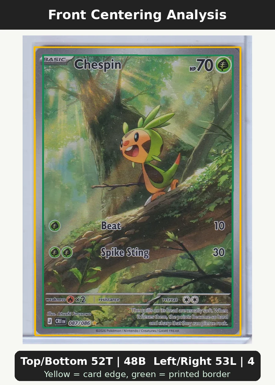 Chespin 087/86 Chaos Rising front centering analysis showing Top/Bottom 52T | 48B and Left/Right 53L | 47R.