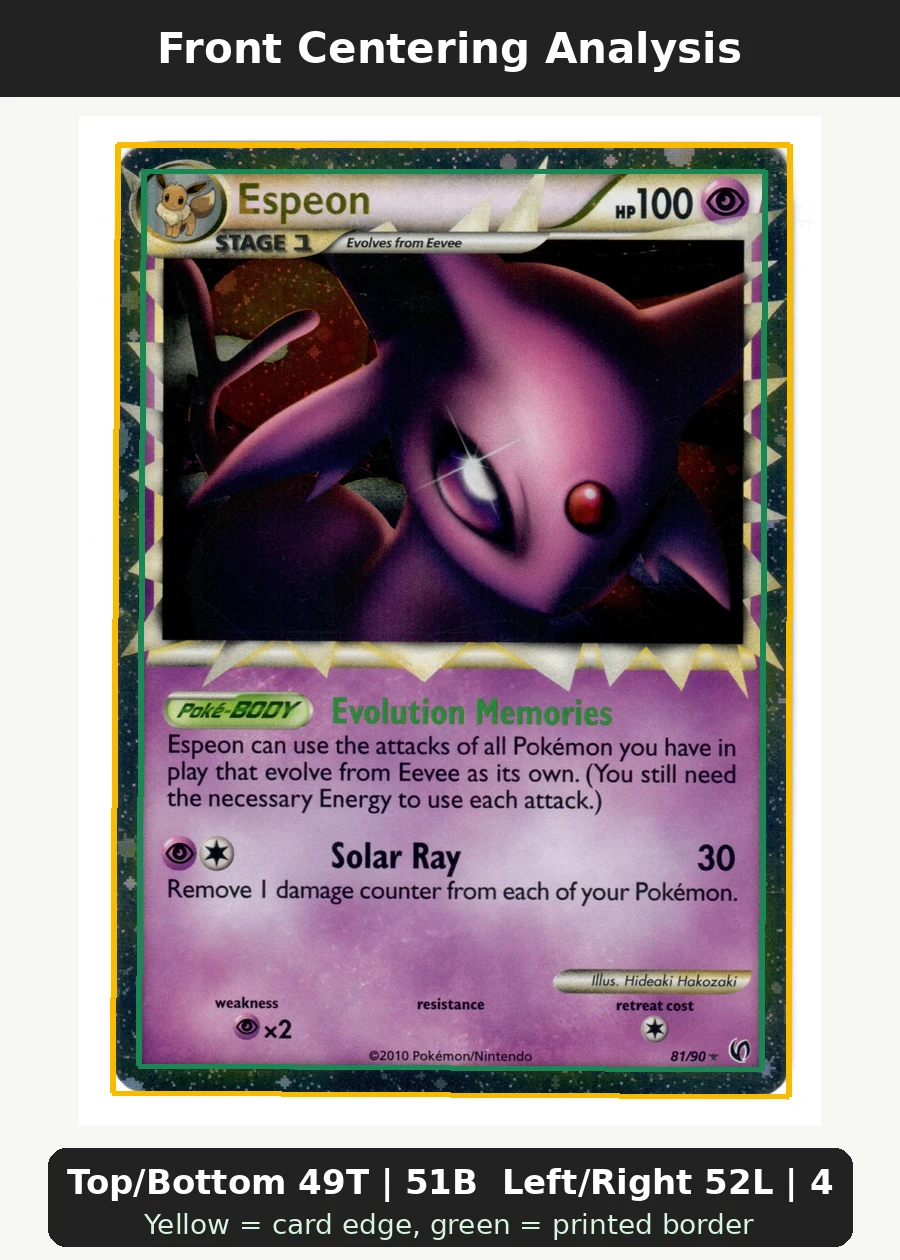 Espeon 081/90 Undaunted front centering analysis showing Top/Bottom 49T | 51B and Left/Right 52L | 48R.