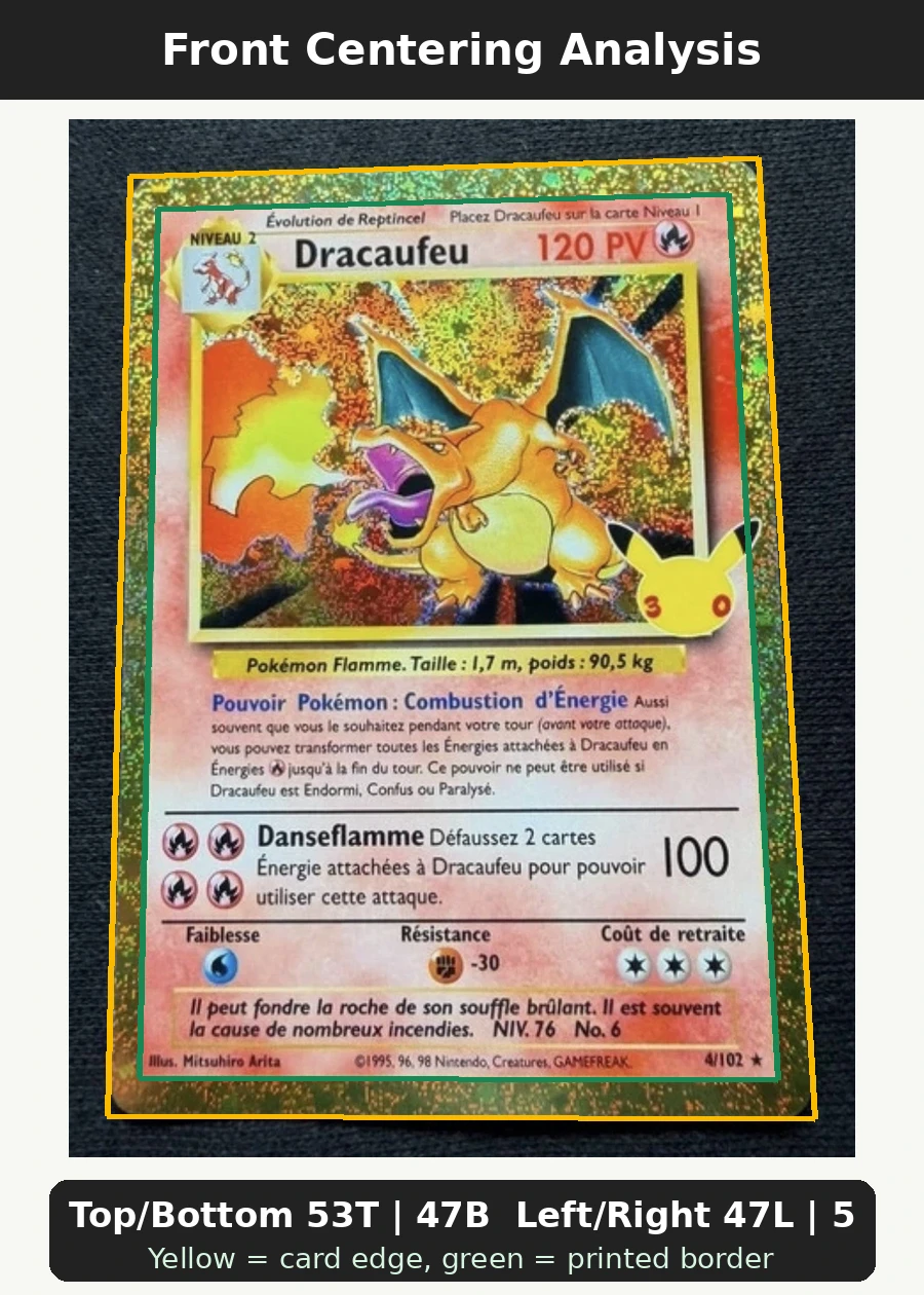 Charizard 004 30th Classic Collection front centering analysis showing Top/Bottom 53T | 47B and Left/Right 47L | 53R.