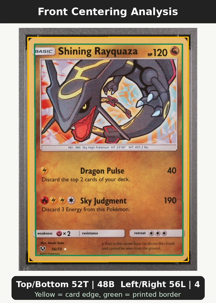 Shining Rayquaza 056/73 Shining Legends front centering analysis showing Top/Bottom 52T | 48B and Left/Right 56L | 44R.