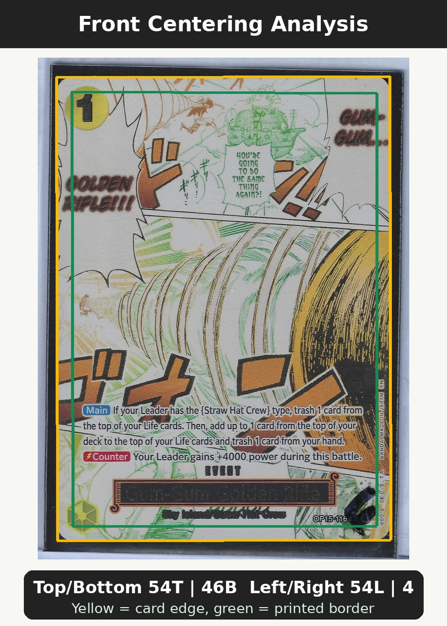 Gum-Gum Golden Rifle OP15-116 Adventure on Kami's Island front centering analysis showing Top/Bottom 54T | 46B and Left/Right 54L | 46R.