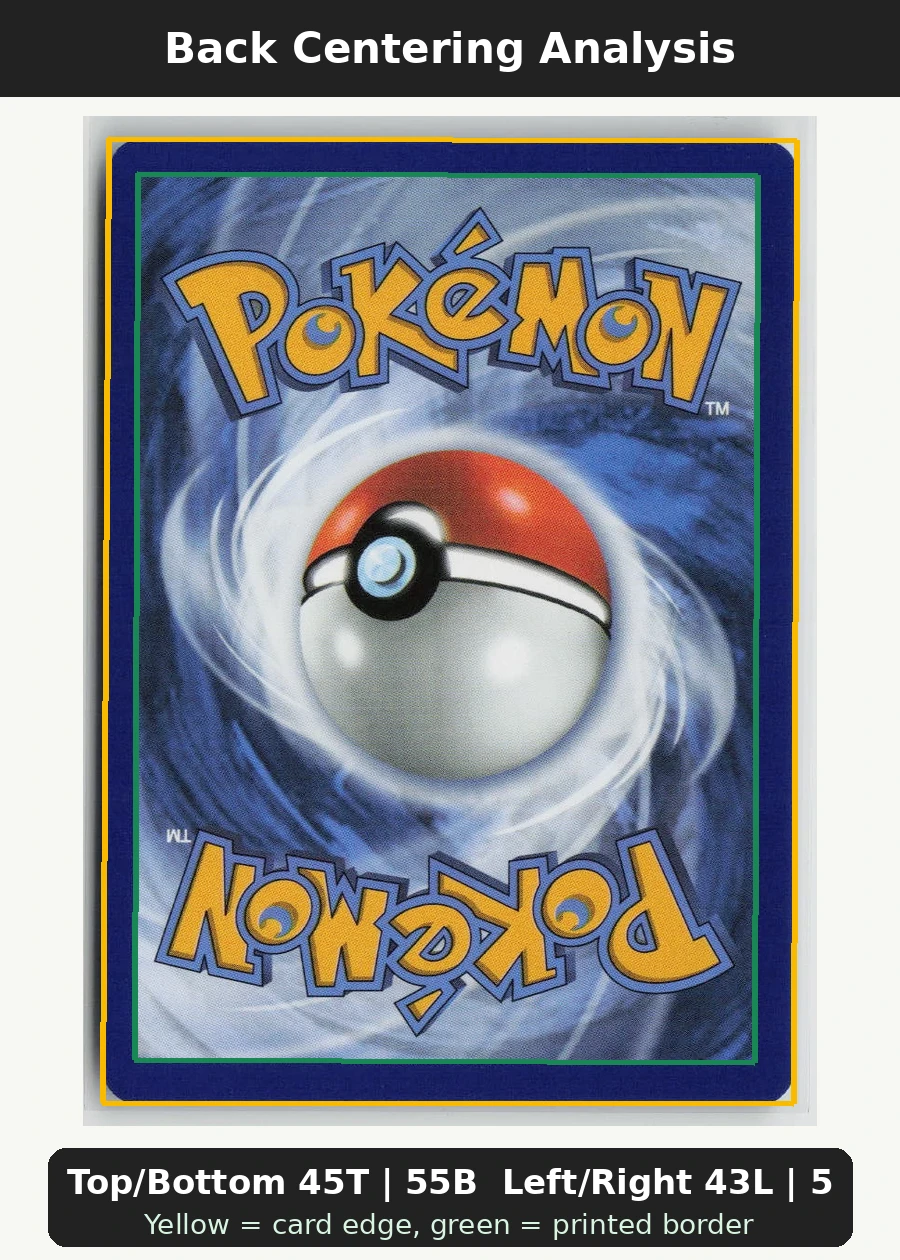 Misty's Psyduck 045/182 · Normal Destined Rivals back centering analysis showing Top/Bottom 45T | 55B and Left/Right 43L | 57R.