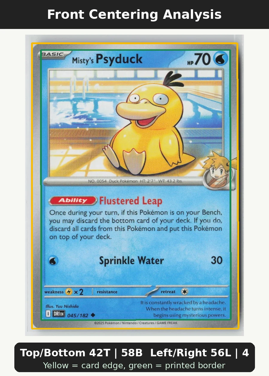 Misty's Psyduck 045/182 · Normal Destined Rivals front centering analysis showing Top/Bottom 42T | 58B and Left/Right 56L | 44R.