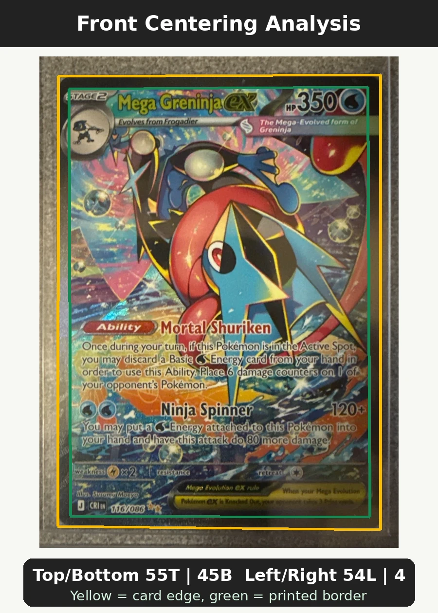 Mega Greninja ex 116/86 Chaos Rising front centering analysis showing Top/Bottom 55T | 45B and Left/Right 54L | 46R.