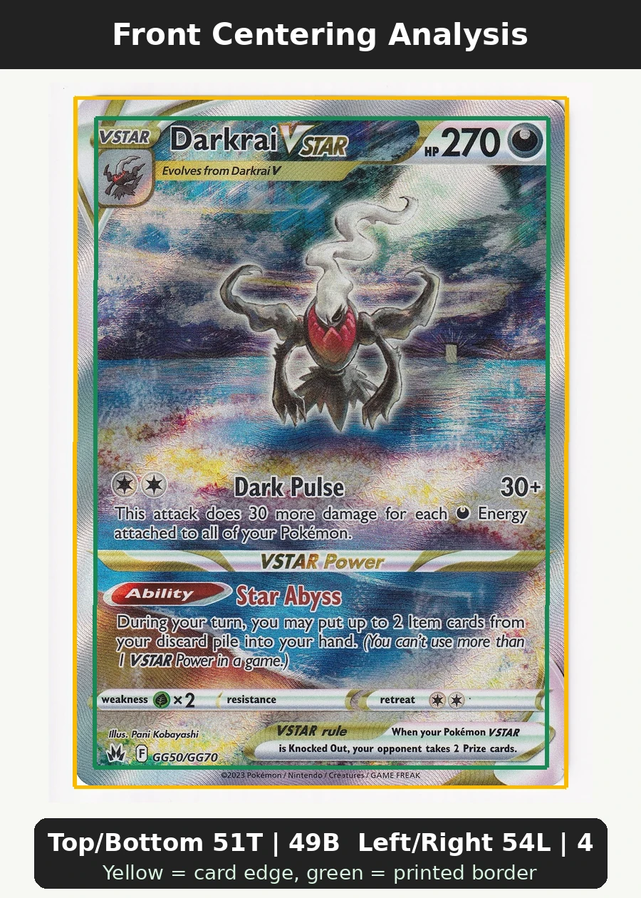 Darkrai VSTAR GG50/159 Crown Zenith front centering analysis showing Top/Bottom 51T | 49B and Left/Right 54L | 46R.