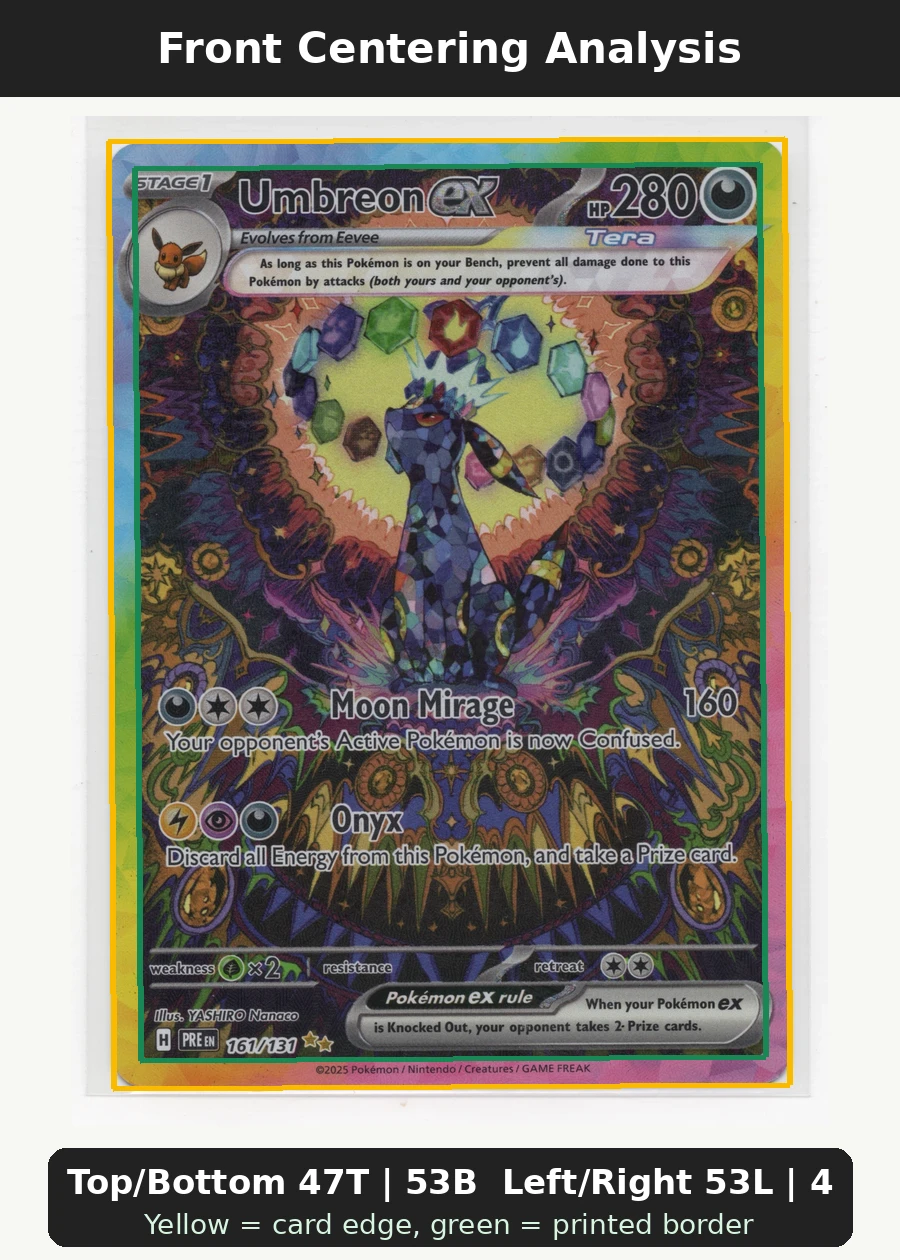 Umbreon ex 161/131 Prismatic Evolutions front centering analysis showing Top/Bottom 47T | 53B and Left/Right 53L | 47R.