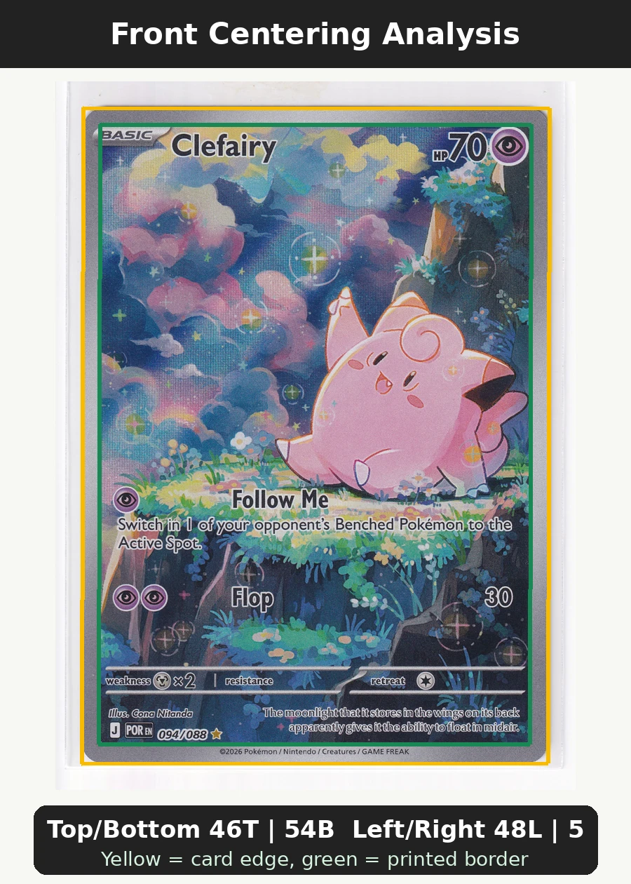 Clefairy 094/88 Perfect Order front centering analysis showing Top/Bottom 46T | 54B and Left/Right 48L | 52R.
