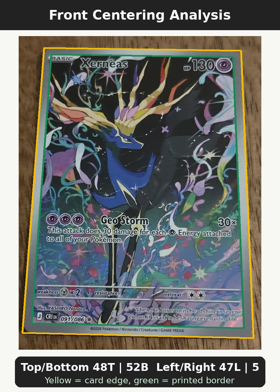 Xerneas 091/86 Chaos Rising front centering analysis showing Top/Bottom 48T | 52B and Left/Right 47L | 53R.