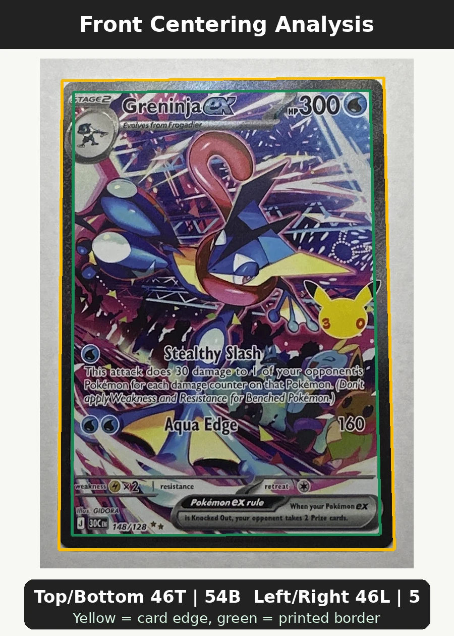 Greninja ex 148/128 30th Celebration front centering analysis showing Top/Bottom 46T | 54B and Left/Right 46L | 54R.