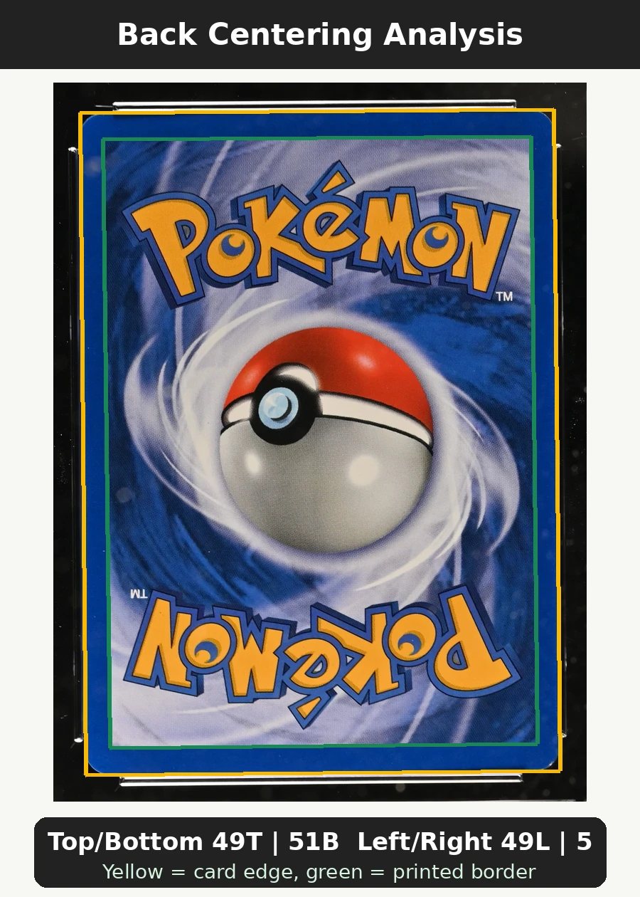 ___________'s Pikachu 024/53 Wizards Black Star Promos back centering analysis showing Top/Bottom 49T | 51B and Left/Right 49L | 51R.