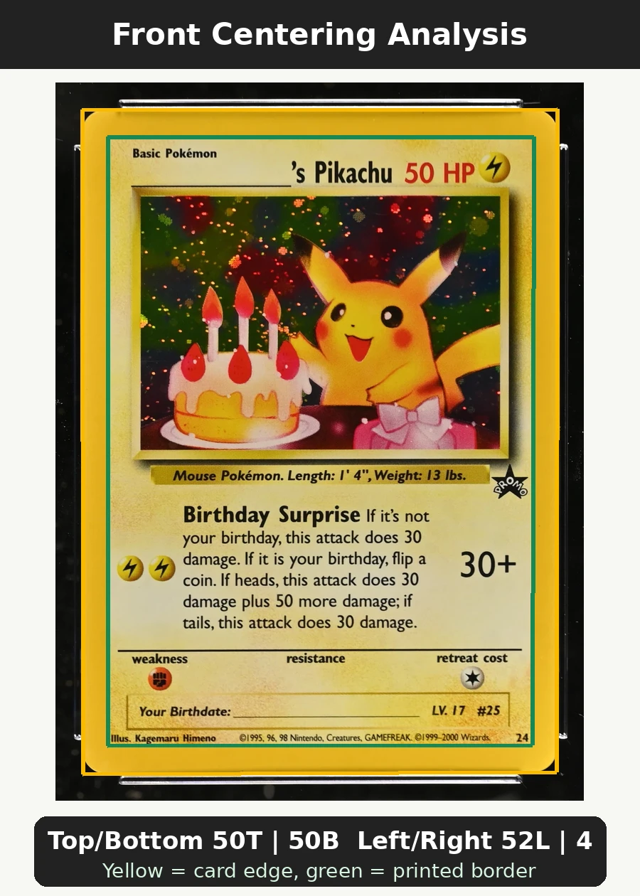 ___________'s Pikachu 024/53 Wizards Black Star Promos front centering analysis showing Top/Bottom 50T | 50B and Left/Right 52L | 48R.