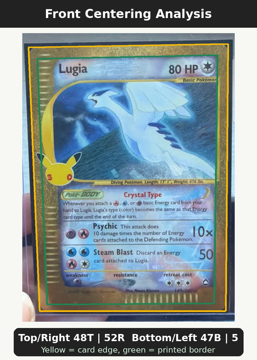 Lugia 149 30th Classic Collection front centering analysis showing Top/Right 48T | 52R and Bottom/Left 47B | 53L.