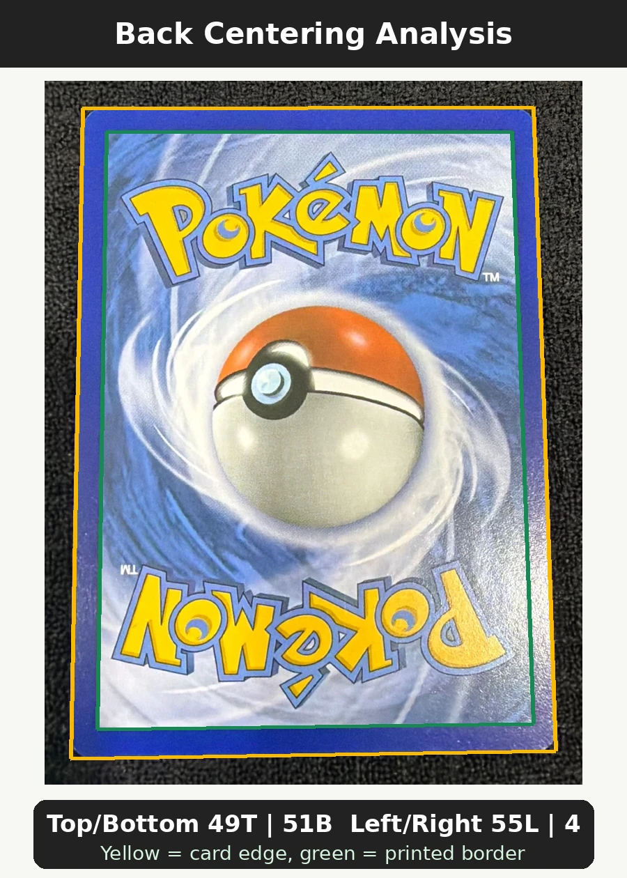 Charizard 011/108 Evolutions back centering analysis showing Top/Bottom 49T | 51B and Left/Right 55L | 45R.