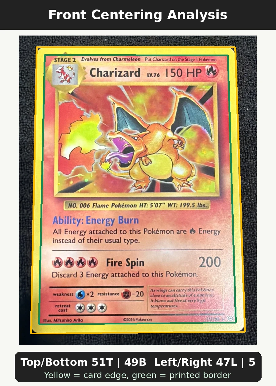 Charizard 011/108 Evolutions front centering analysis showing Top/Bottom 51T | 49B and Left/Right 47L | 53R.
