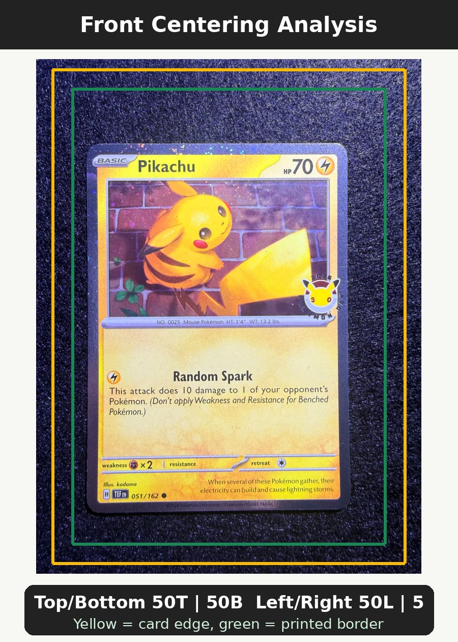 Pikachu 051/162 Temporal Forces front centering analysis showing Top/Bottom 50T | 50B and Left/Right 50L | 50R.