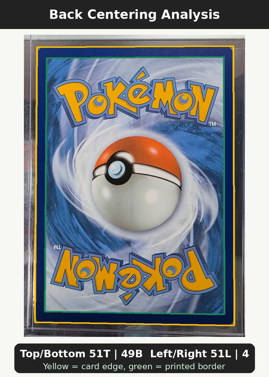 Charmander 044/225 SVP Black Star Promos back centering analysis showing Top/Bottom 51T | 49B and Left/Right 51L | 49R.