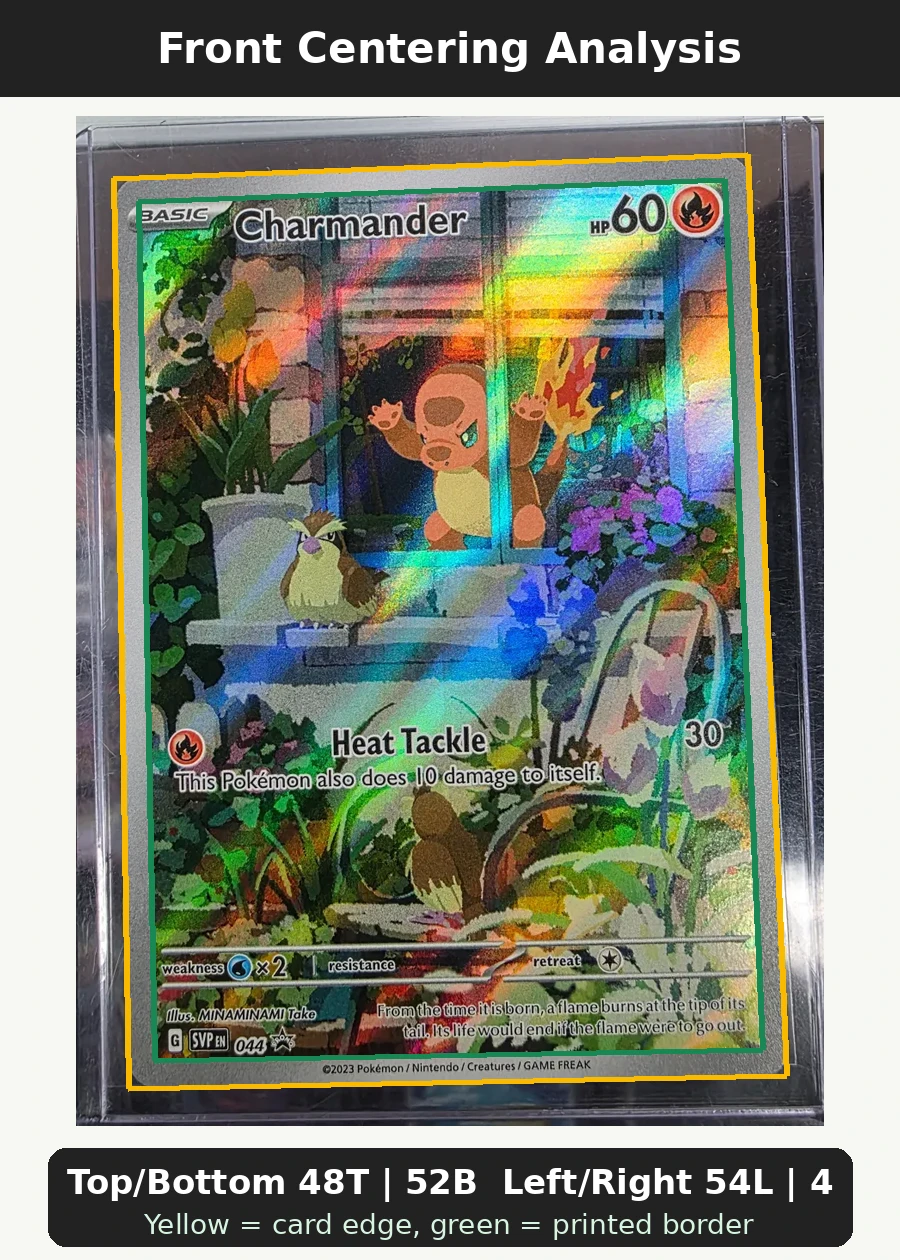 Charmander 044/225 SVP Black Star Promos front centering analysis showing Top/Bottom 48T | 52B and Left/Right 54L | 46R.