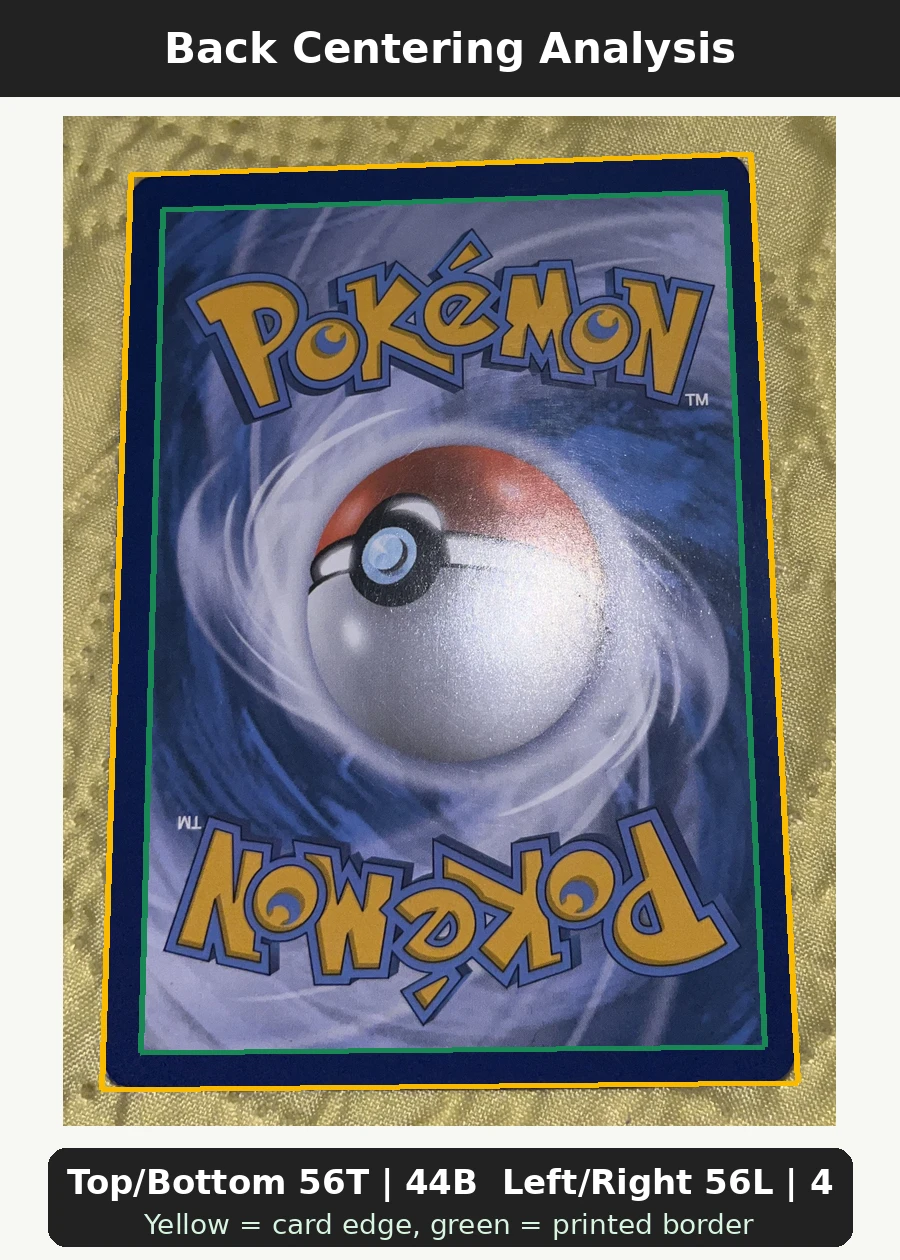 Charizard RC5/83 Generations back centering analysis showing Top/Bottom 56T | 44B and Left/Right 56L | 44R.