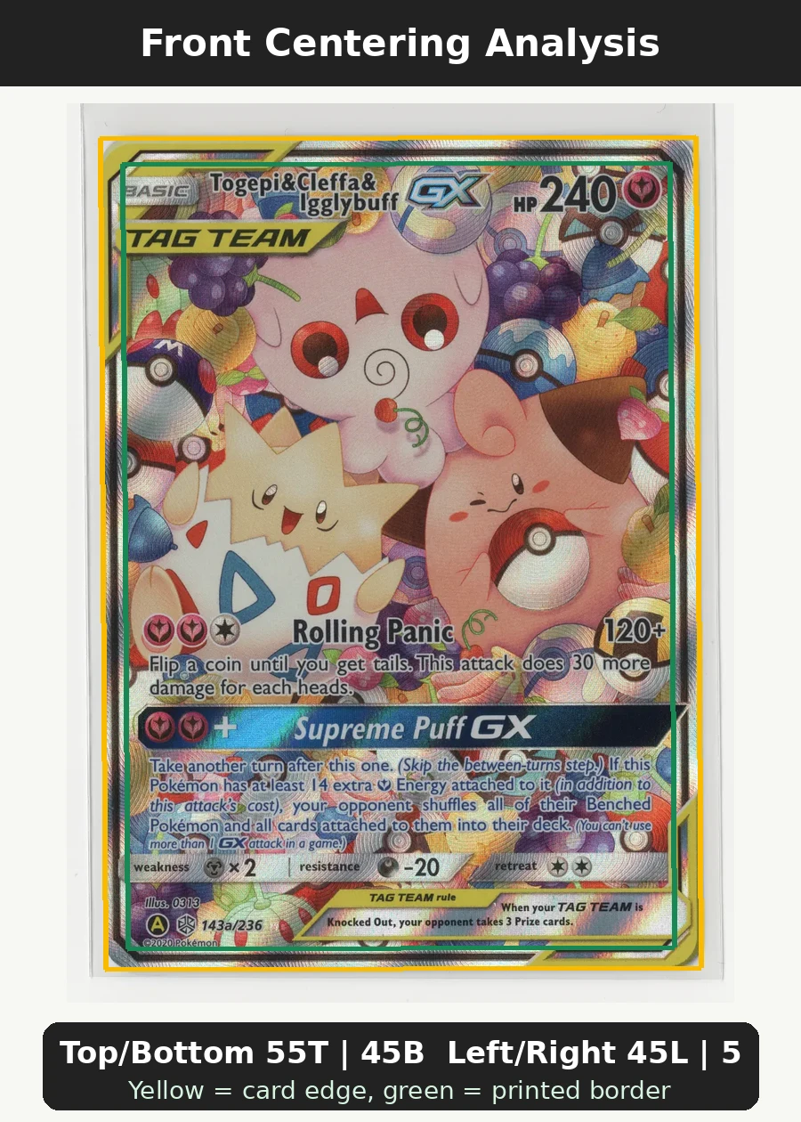 Togepi & Cleffa & Igglybuff GX 143a Alternate Art Promos front centering analysis showing Top/Bottom 55T | 45B and Left/Right 45L | 55R.