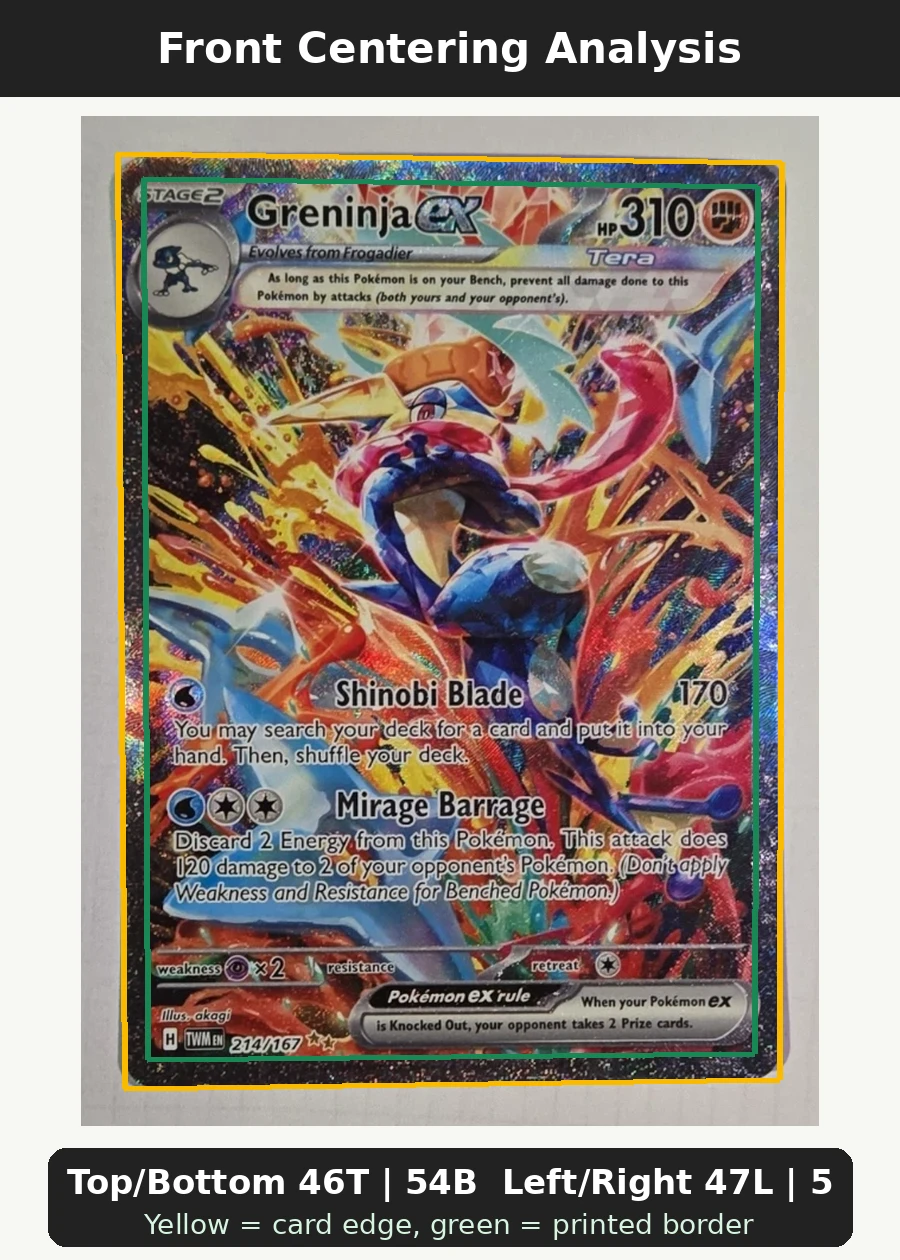Greninja ex 214/167 Twilight Masquerade front centering analysis showing Top/Bottom 46T | 54B and Left/Right 47L | 53R.