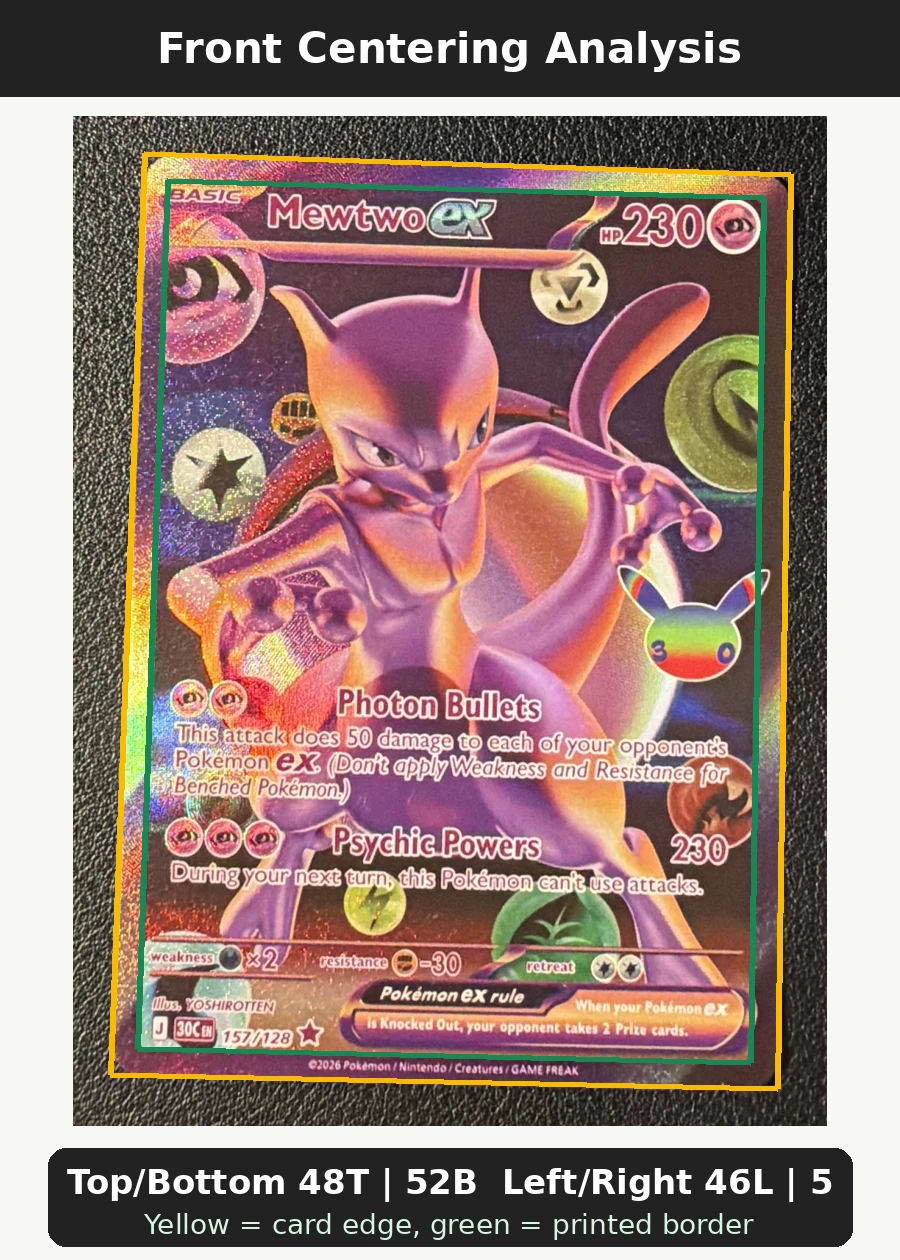 Mewtwo ex 157/128 30th Celebration front centering analysis showing Top/Bottom 48T | 52B and Left/Right 46L | 54R.