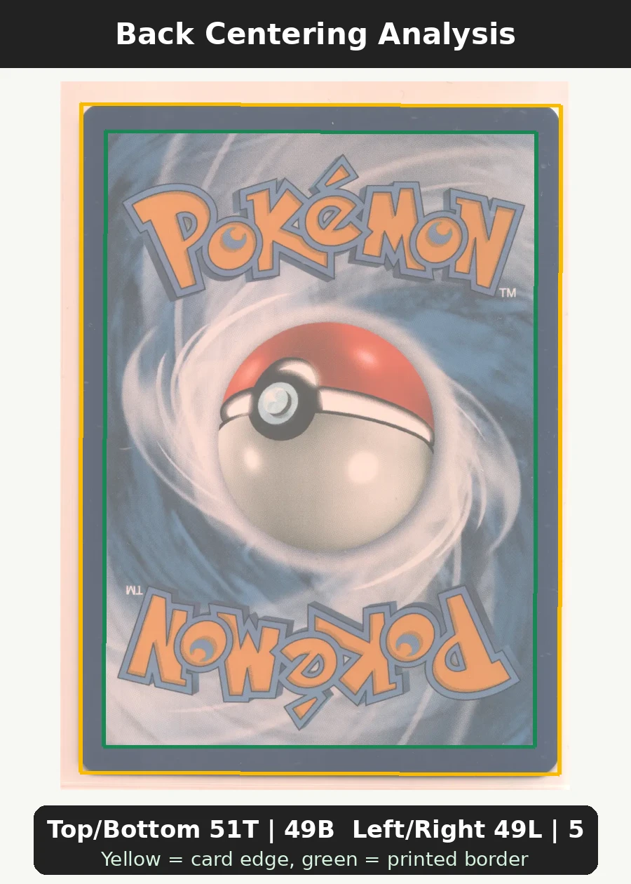 Pikachu with Grey Felt Hat 085/225 SVP Black Star Promos back centering analysis showing Top/Bottom 51T | 49B and Left/Right 49L | 51R.