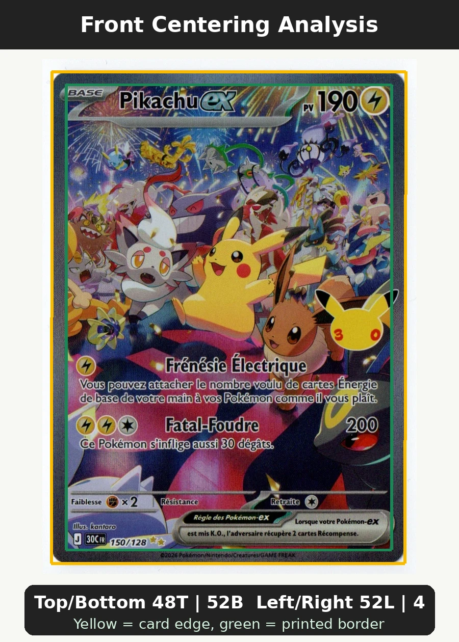Pikachu ex 150/128 30th Celebration front centering analysis showing Top/Bottom 48T | 52B and Left/Right 52L | 48R.