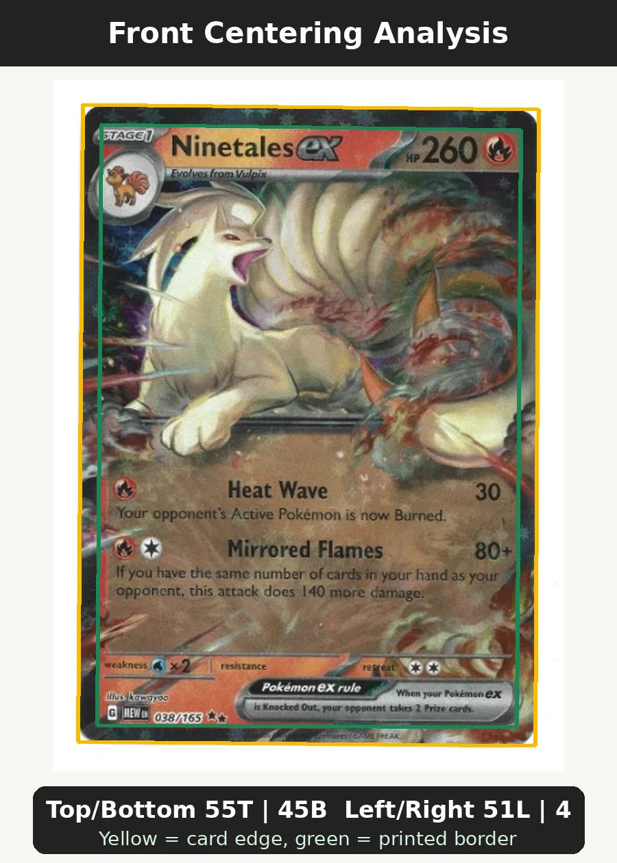 Ninetales ex 038/165 151 front centering analysis showing Top/Bottom 55T | 45B and Left/Right 51L | 49R.
