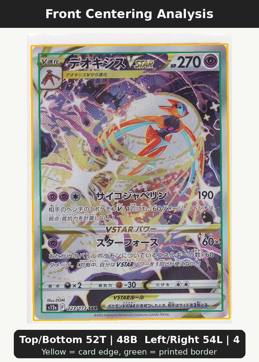 Deoxys VSTAR 223/172 VSTAR Universe front centering analysis showing Top/Bottom 52T | 48B and Left/Right 54L | 46R.