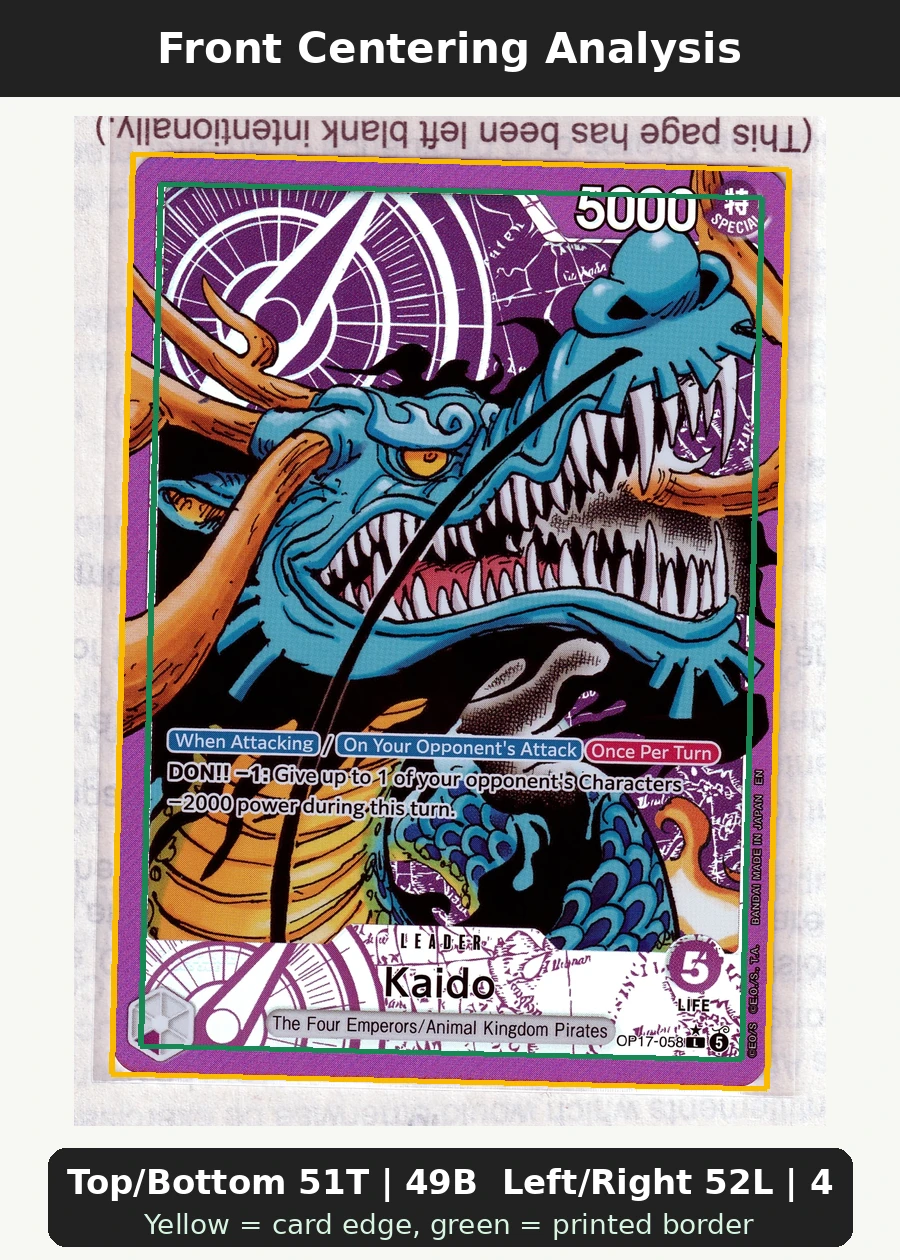 Kaido (OP17-058) (Alternate Art) OP17-058 The World's Strongest Warriors front centering analysis showing Top/Bottom 51T | 49B and Left/Right 52L | 48R.
