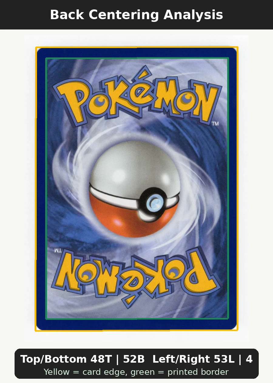 Gengar 094 30th Classic Collection back centering analysis showing Top/Bottom 48T | 52B and Left/Right 53L | 47R.