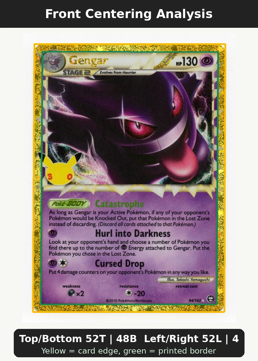 Gengar 094 30th Classic Collection front centering analysis showing Top/Bottom 52T | 48B and Left/Right 52L | 48R.
