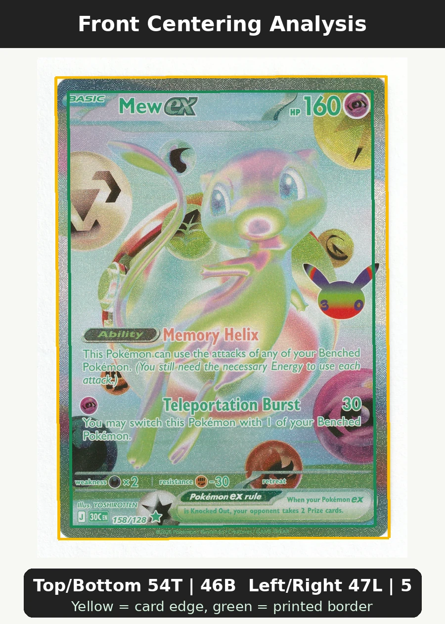 Mew ex 158/128 30th Celebration front centering analysis showing Top/Bottom 54T | 46B and Left/Right 47L | 53R.