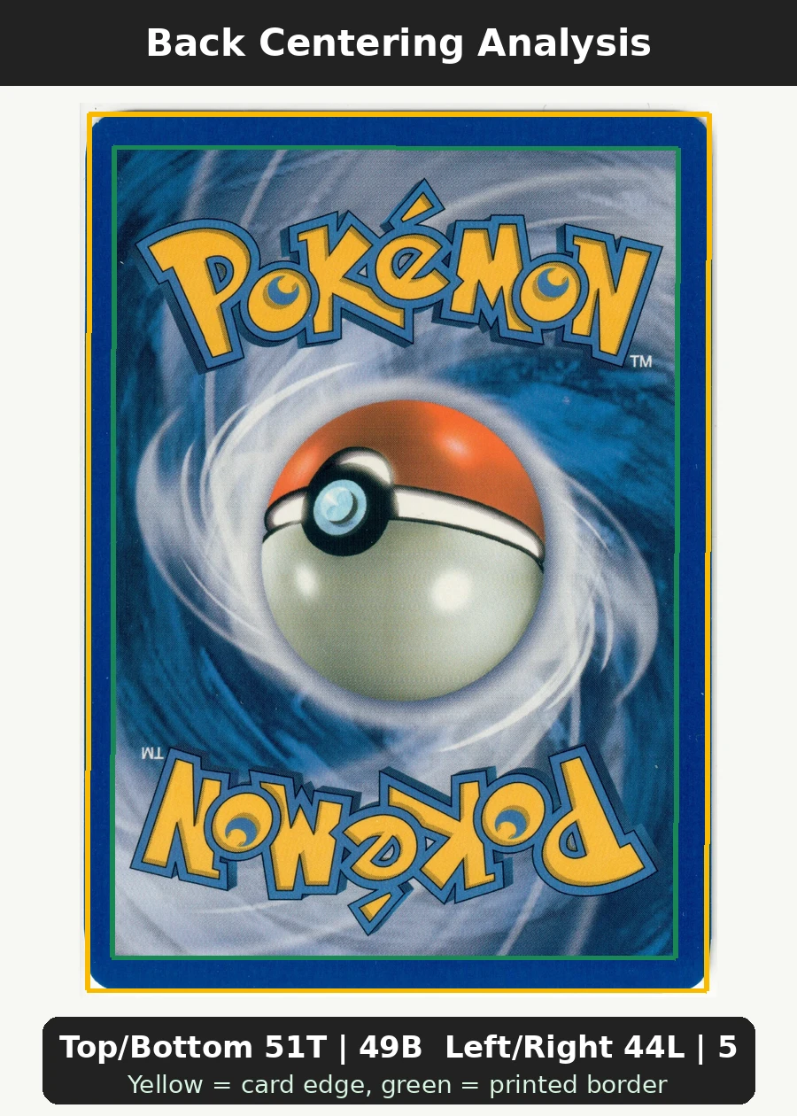 Squirtle 064/100 Crystal Guardians back centering analysis showing Top/Bottom 51T | 49B and Left/Right 44L | 56R.
