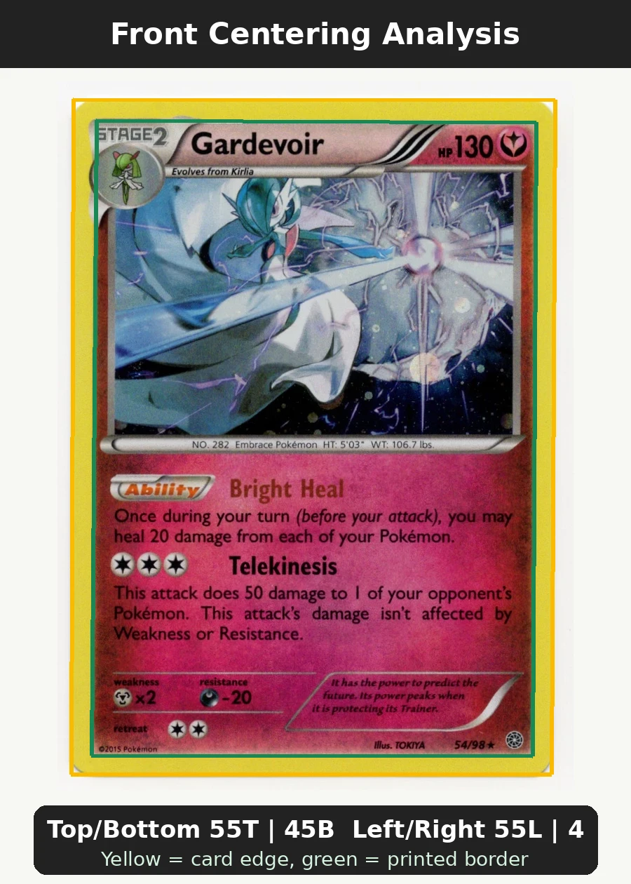 Gardevoir 054 Blister Exclusives front centering analysis showing Top/Bottom 55T | 45B and Left/Right 55L | 45R.