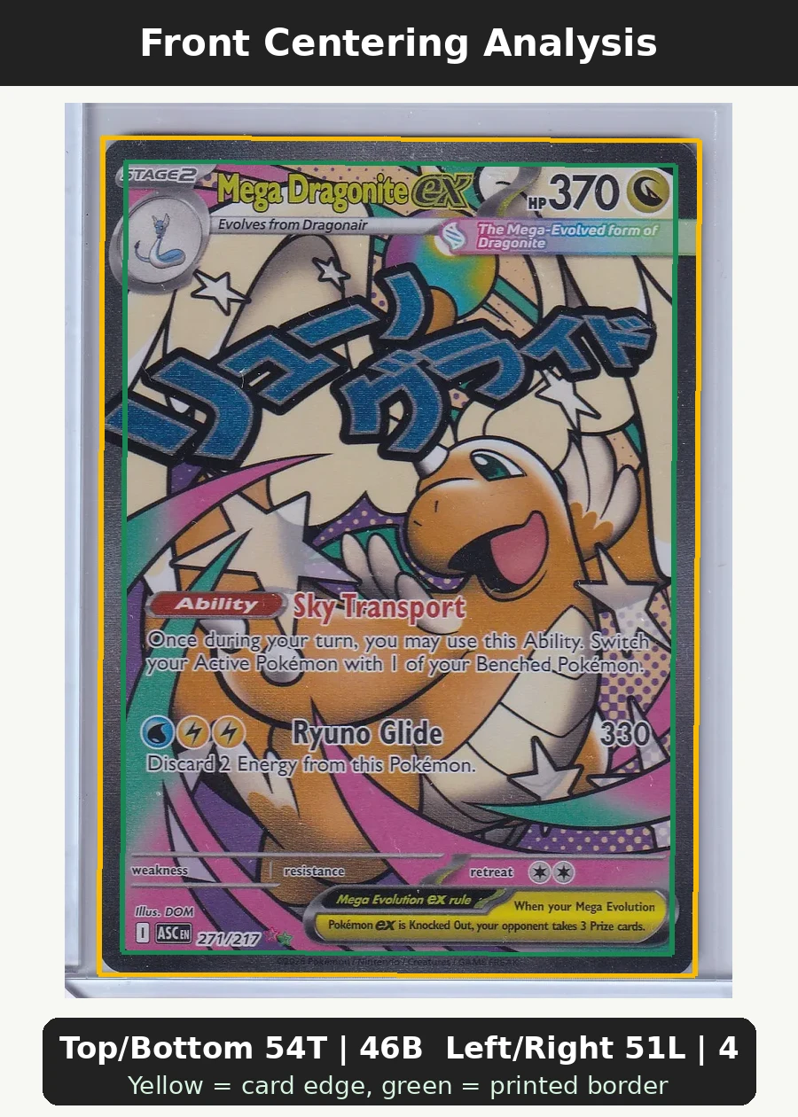 Mega Dragonite ex 271/217 Ascended Heroes front centering analysis showing Top/Bottom 54T | 46B and Left/Right 51L | 49R.