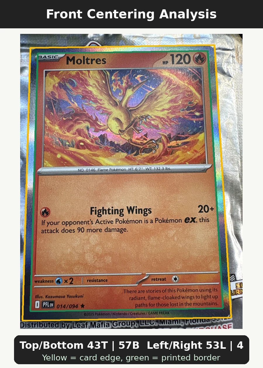 Moltres 014/80 Inferno X front centering analysis showing Top/Bottom 43T | 57B and Left/Right 53L | 47R.