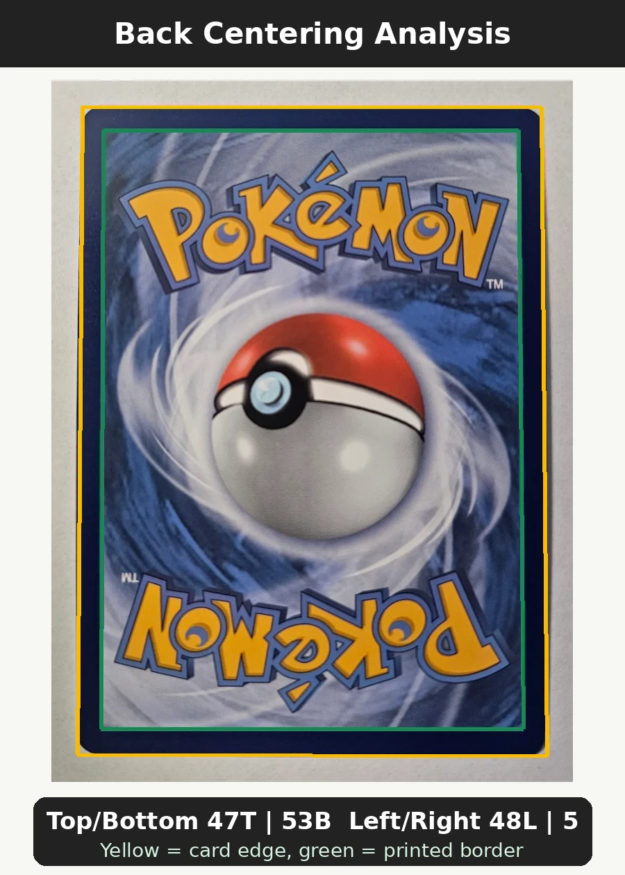 Slowpoke & Psyduck GX 035/236 Unified Minds back centering analysis showing Top/Bottom 47T | 53B and Left/Right 48L | 52R.