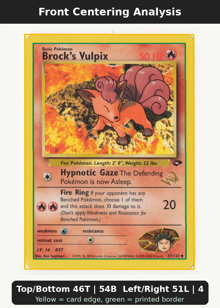 Brock's Vulpix 037/132 · Normal Gym Challenge front centering analysis showing Top/Bottom 46T | 54B and Left/Right 51L | 49R.