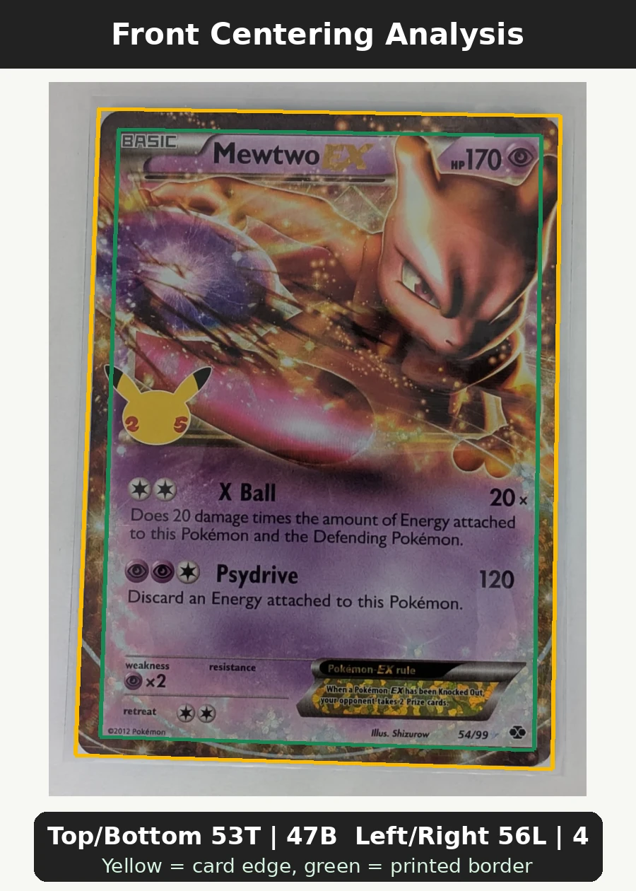 Mewtwo-EX 054/99 Next Destinies front centering analysis showing Top/Bottom 53T | 47B and Left/Right 56L | 44R.
