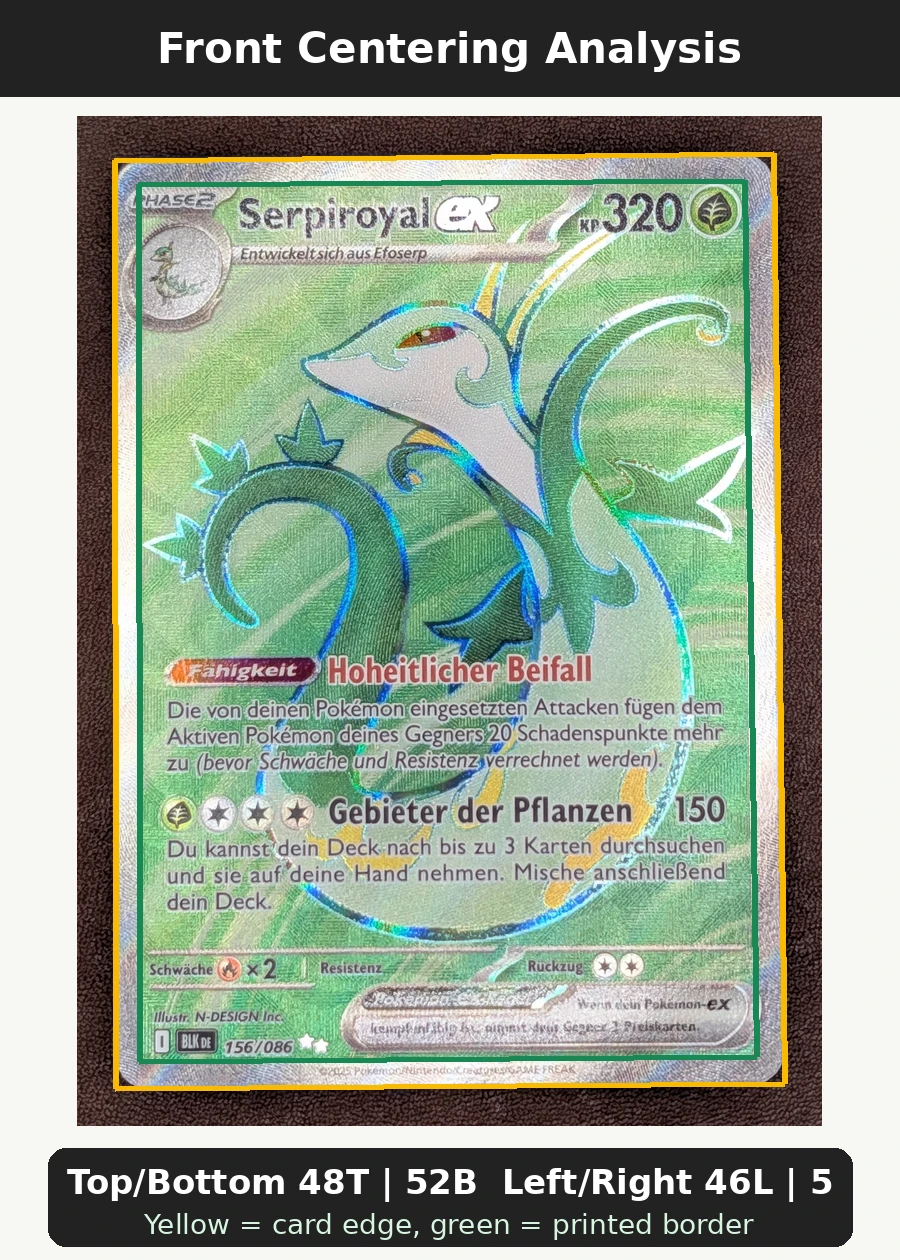 Serperior ex 156/86 Black Bolt front centering analysis showing Top/Bottom 48T | 52B and Left/Right 46L | 54R.