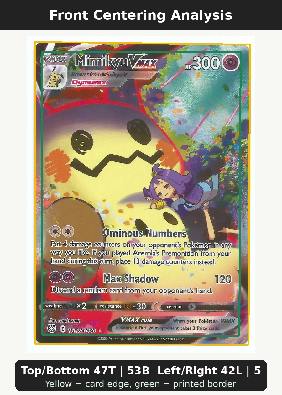 Mimikyu VMAX TG17/172 Brilliant Stars front centering analysis showing Top/Bottom 47T | 53B and Left/Right 42L | 58R.