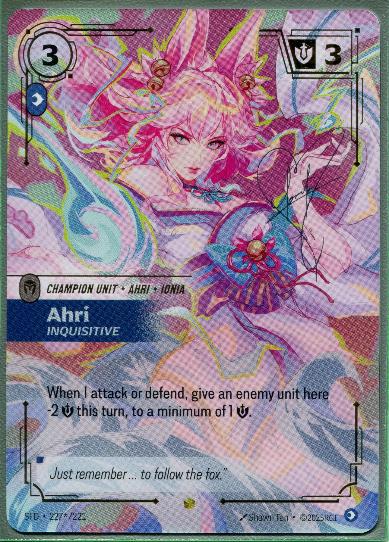 Ahri, Inquisitive 227/221 · Signature Spiritforged front card photo in GradeValue pregrading report