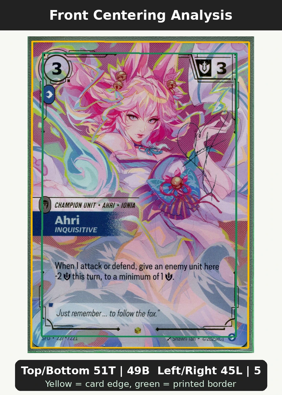 Ahri, Inquisitive 227/221 · Signature Spiritforged front centering analysis showing Top/Bottom 51T | 49B and Left/Right 45L | 55R.