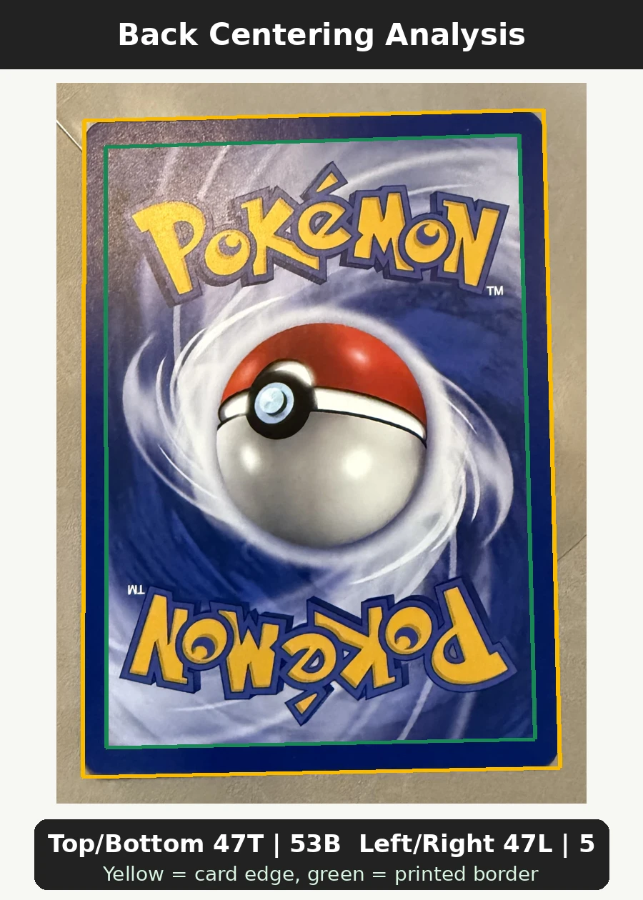 Articuno 022/53 Wizards Black Star Promos back centering analysis showing Top/Bottom 47T | 53B and Left/Right 47L | 53R.