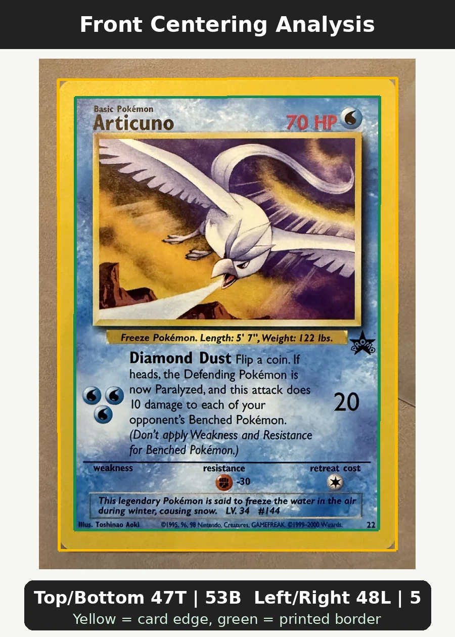 Articuno 022/53 Wizards Black Star Promos front centering analysis showing Top/Bottom 47T | 53B and Left/Right 48L | 52R.