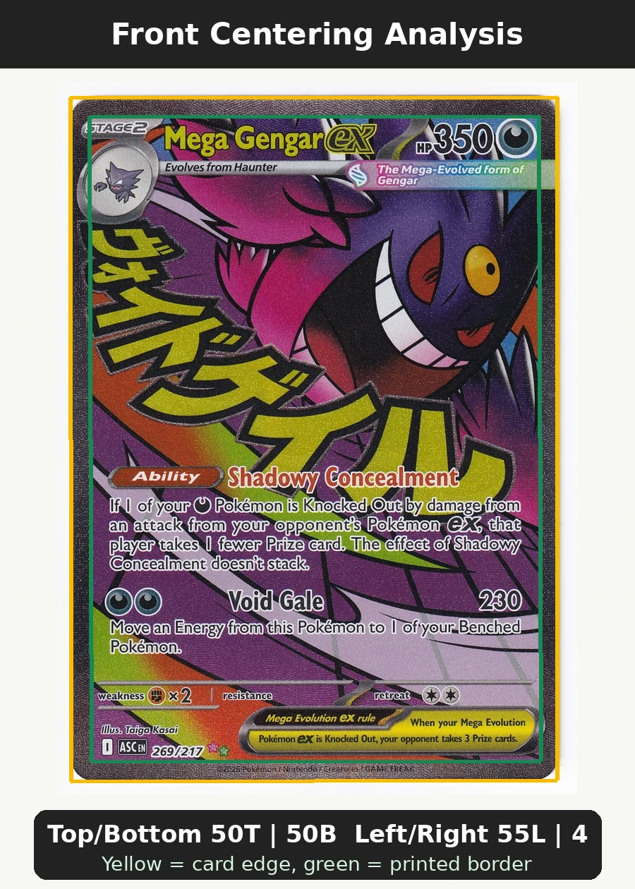 Mega Gengar ex 269/217 Ascended Heroes front centering analysis showing Top/Bottom 50T | 50B and Left/Right 55L | 45R.